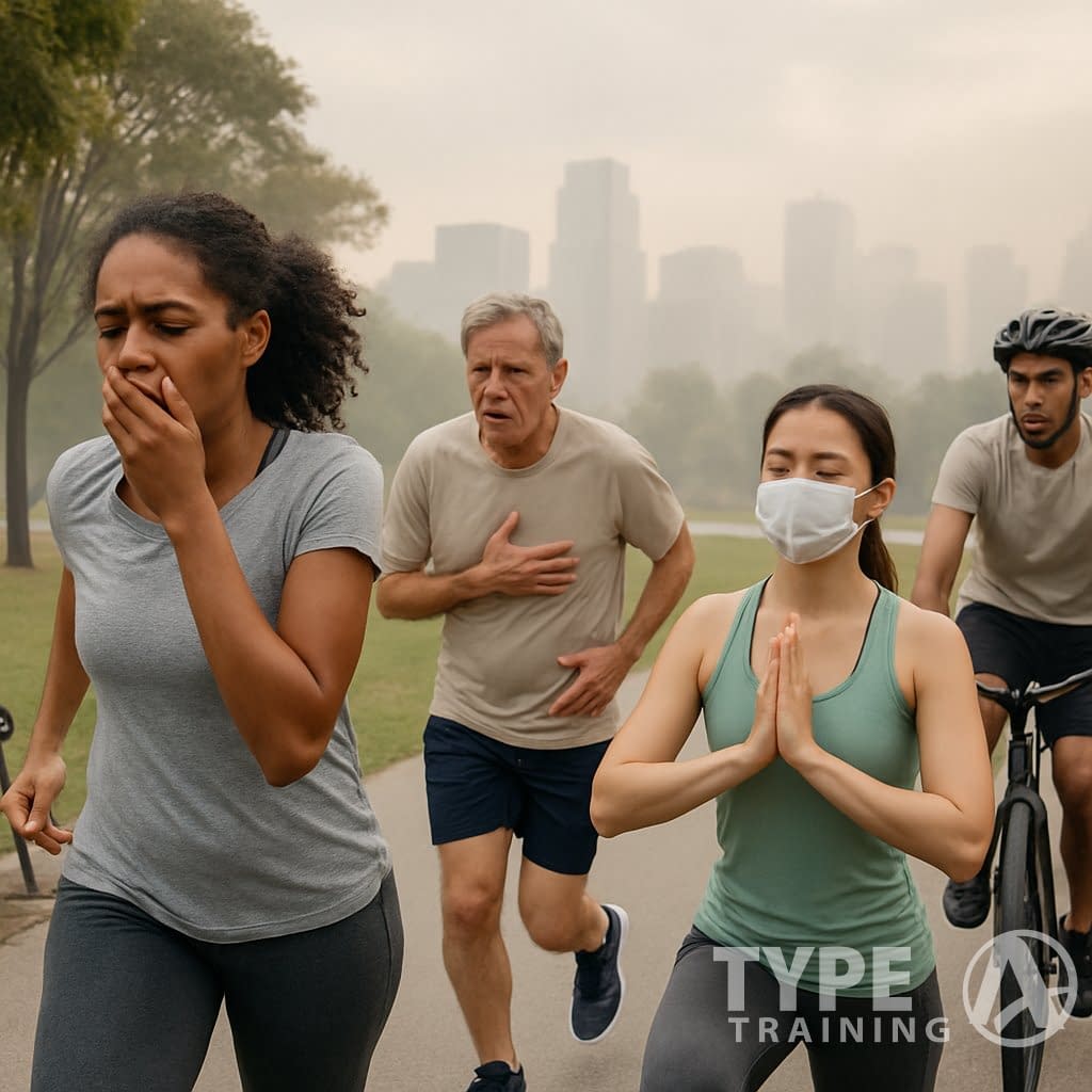 People of various ages exercising outdoors in a city park with visible air pollution and some showing signs of respiratory discomfort.