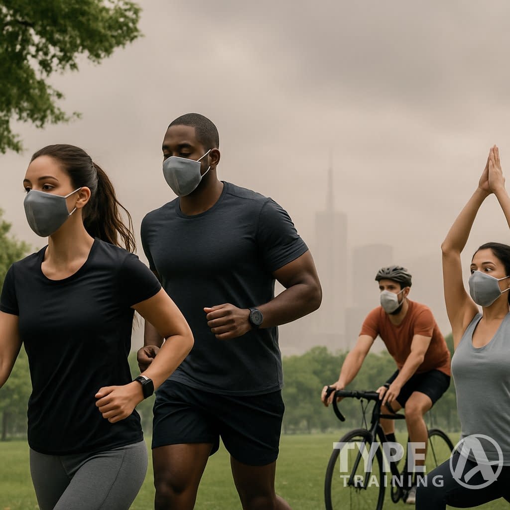 People exercising outdoors in a city park with a hazy skyline showing pollution in the background.