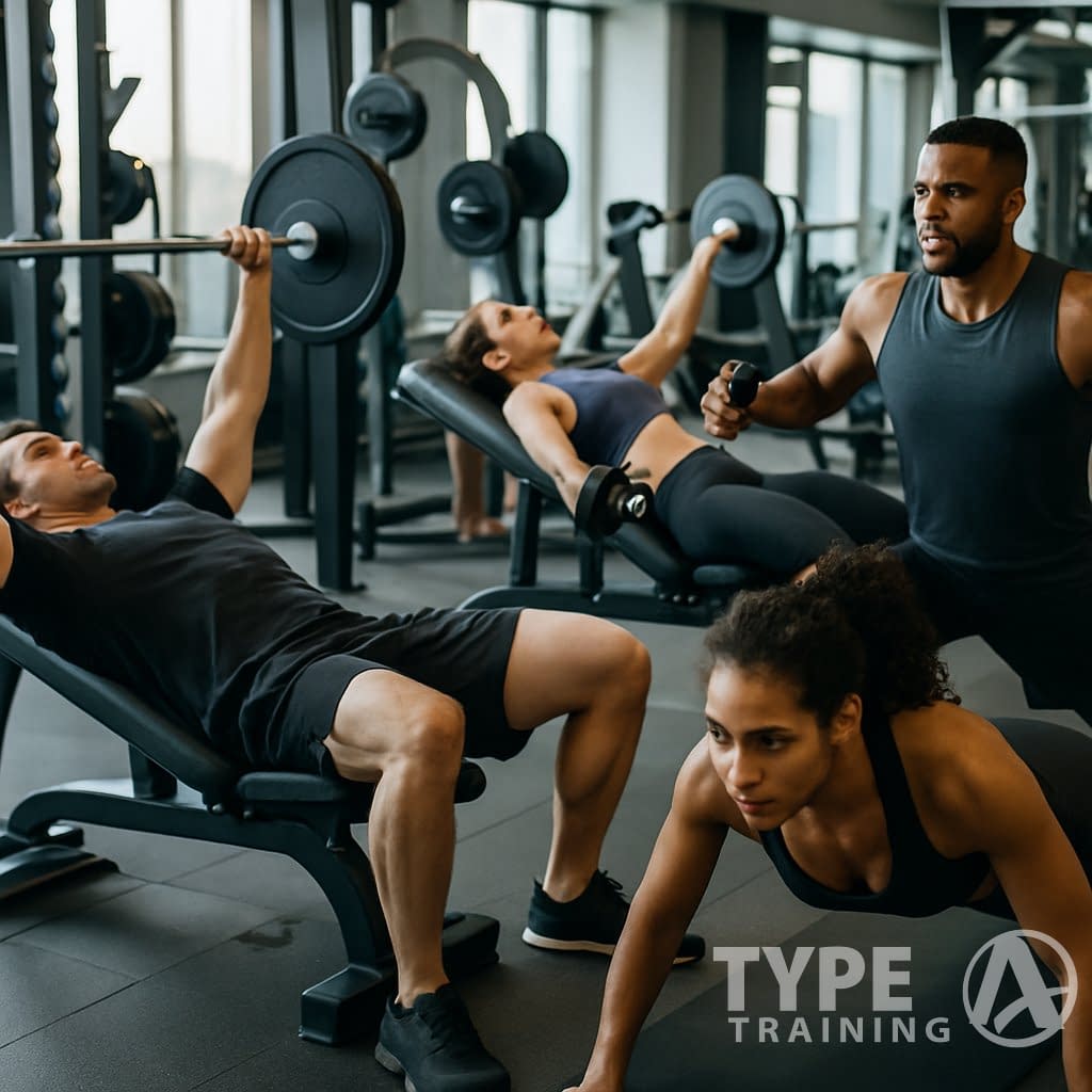 A group of people performing different chest exercises in a gym using various equipment.