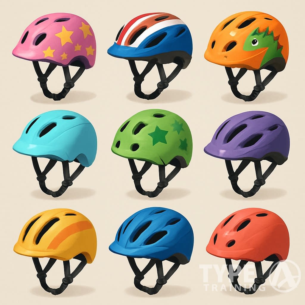 A collection of colorful children's bike helmets arranged to show different designs and angles.