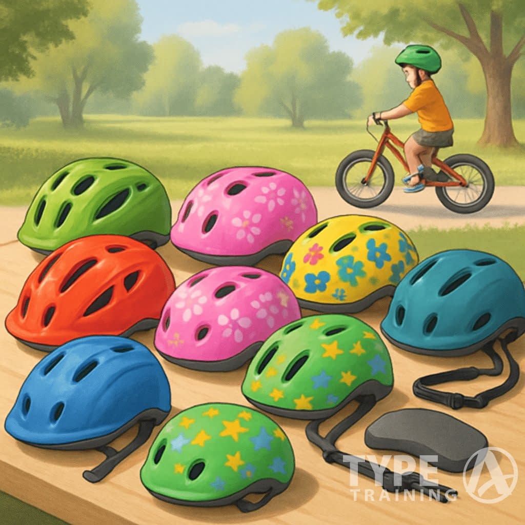 A child wearing a bike helmet rides a bicycle in a park, with various kids' helmets displayed on a table nearby.