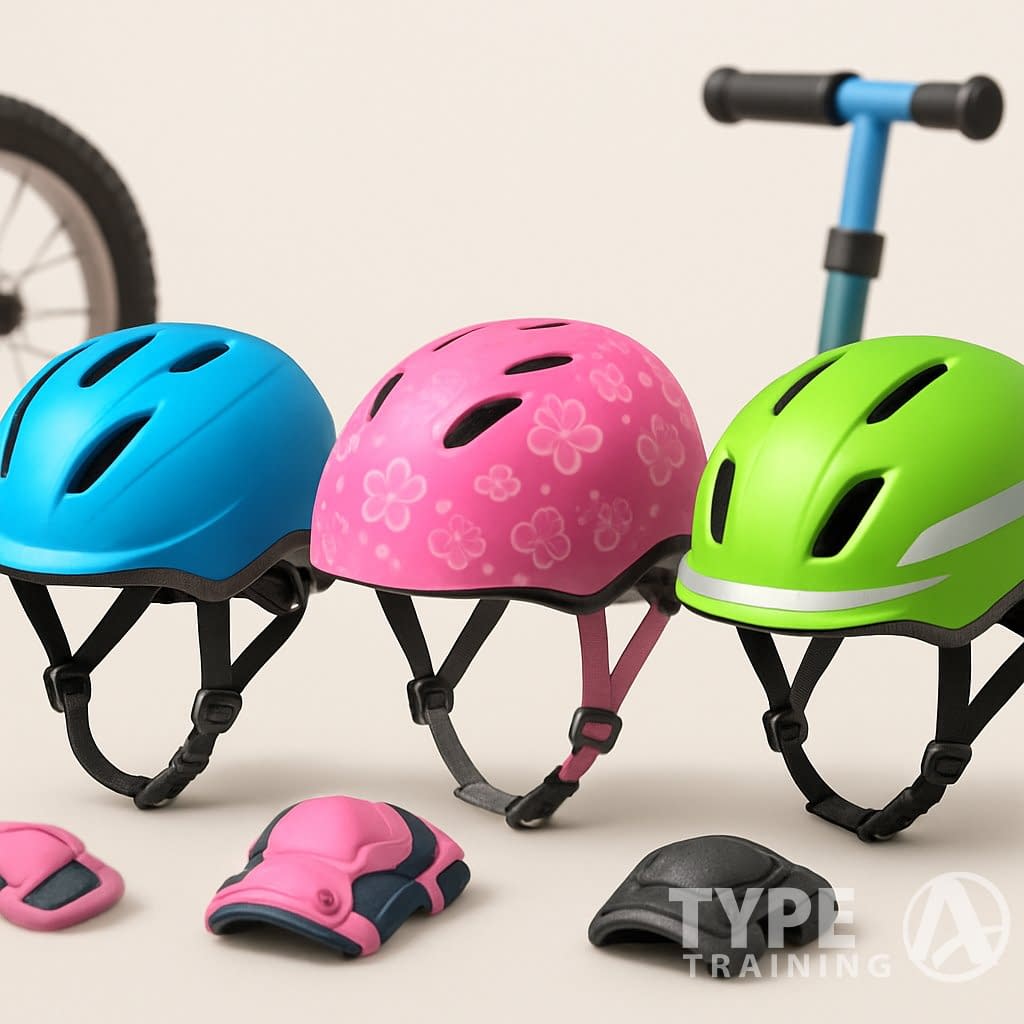 Three colorful kids' helmets for small heads displayed side by side with a bike wheel and scooter handlebar nearby.