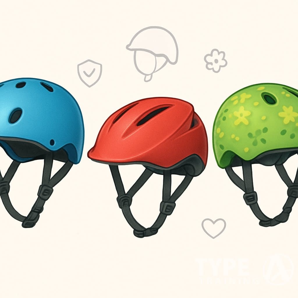 Three colorful kids' helmets for biking and scootering arranged side by side on a light background.