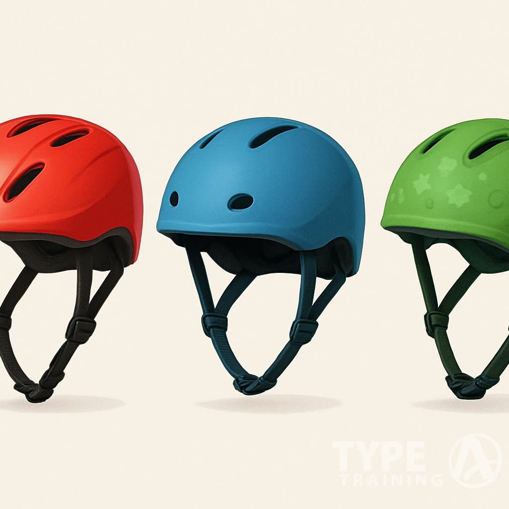 Three colorful kids helmets for biking and scootering displayed side by side on a light background.
