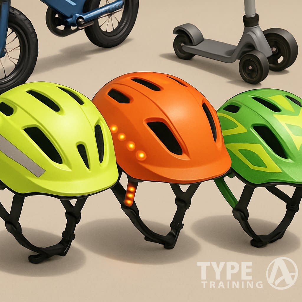 Three brightly colored children's helmets designed for bike and scooter safety arranged side by side with a bike and scooter in the background.