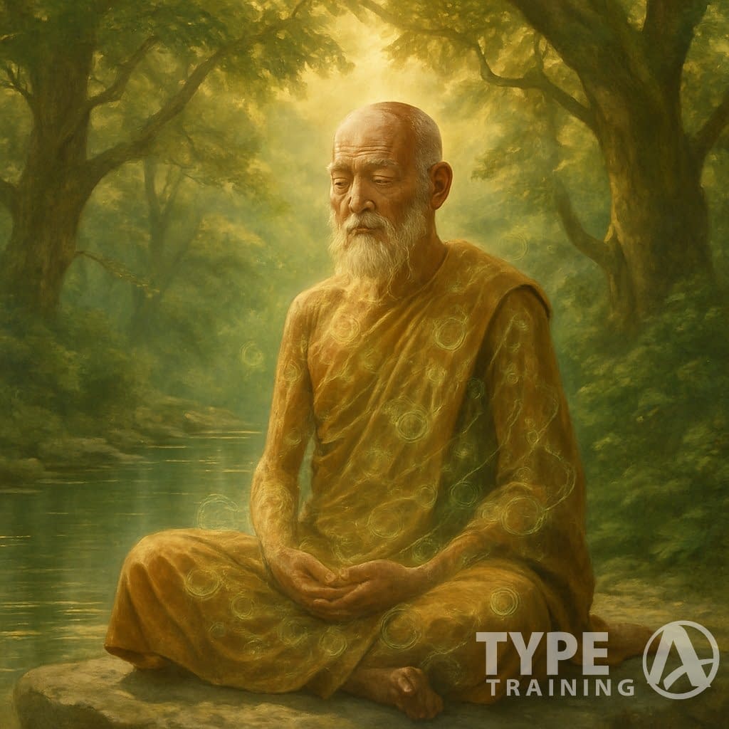 A monk meditating peacefully outdoors near water and trees, surrounded by a calm natural environment symbolizing health and renewal.