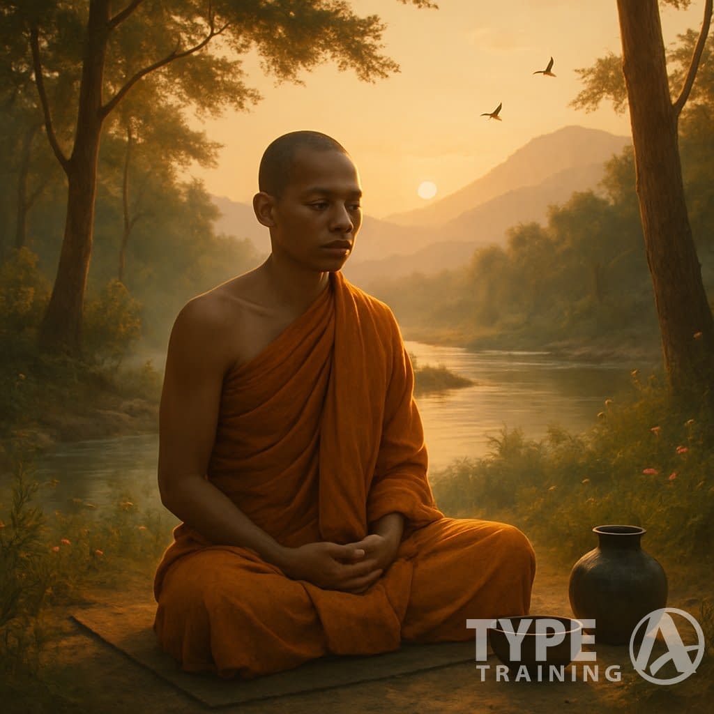 A monk in saffron robes sits cross-legged in meditation outdoors at dawn, surrounded by nature with a bowl and water nearby.