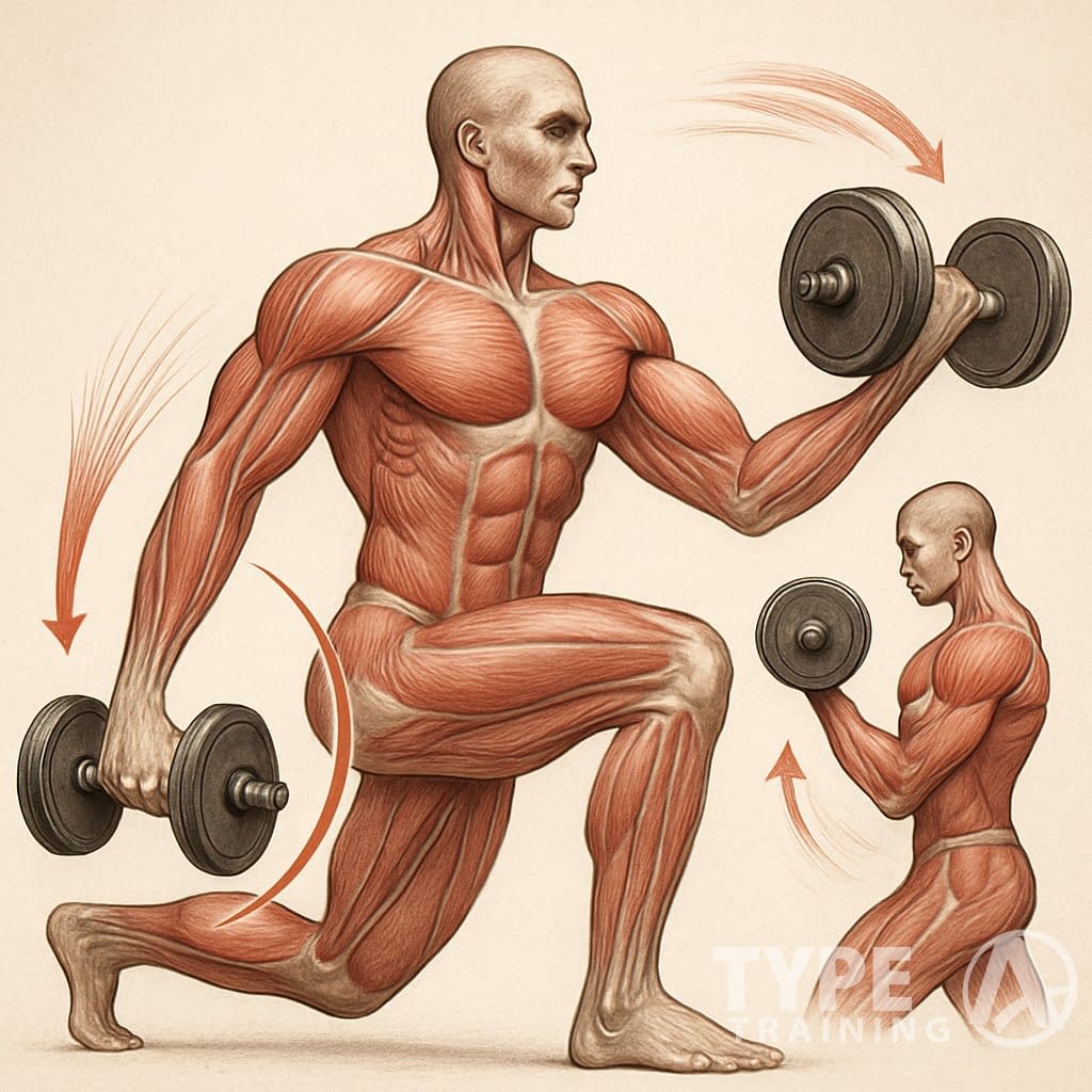 A muscular person performing exercises that show muscles stretching and contracting to illustrate muscle growth.
