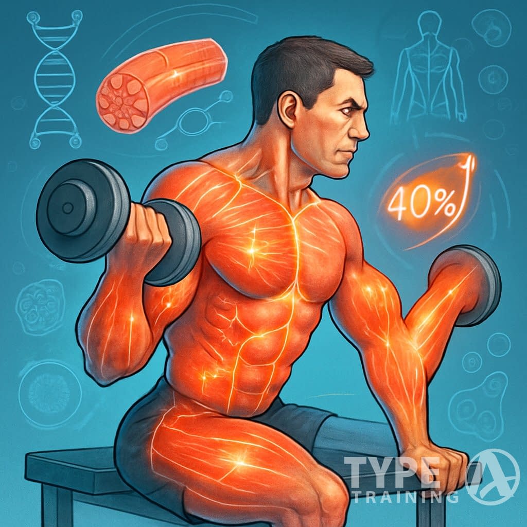 A person performing two exercises back-to-back with glowing muscles and scientific symbols illustrating muscle growth and fitness.