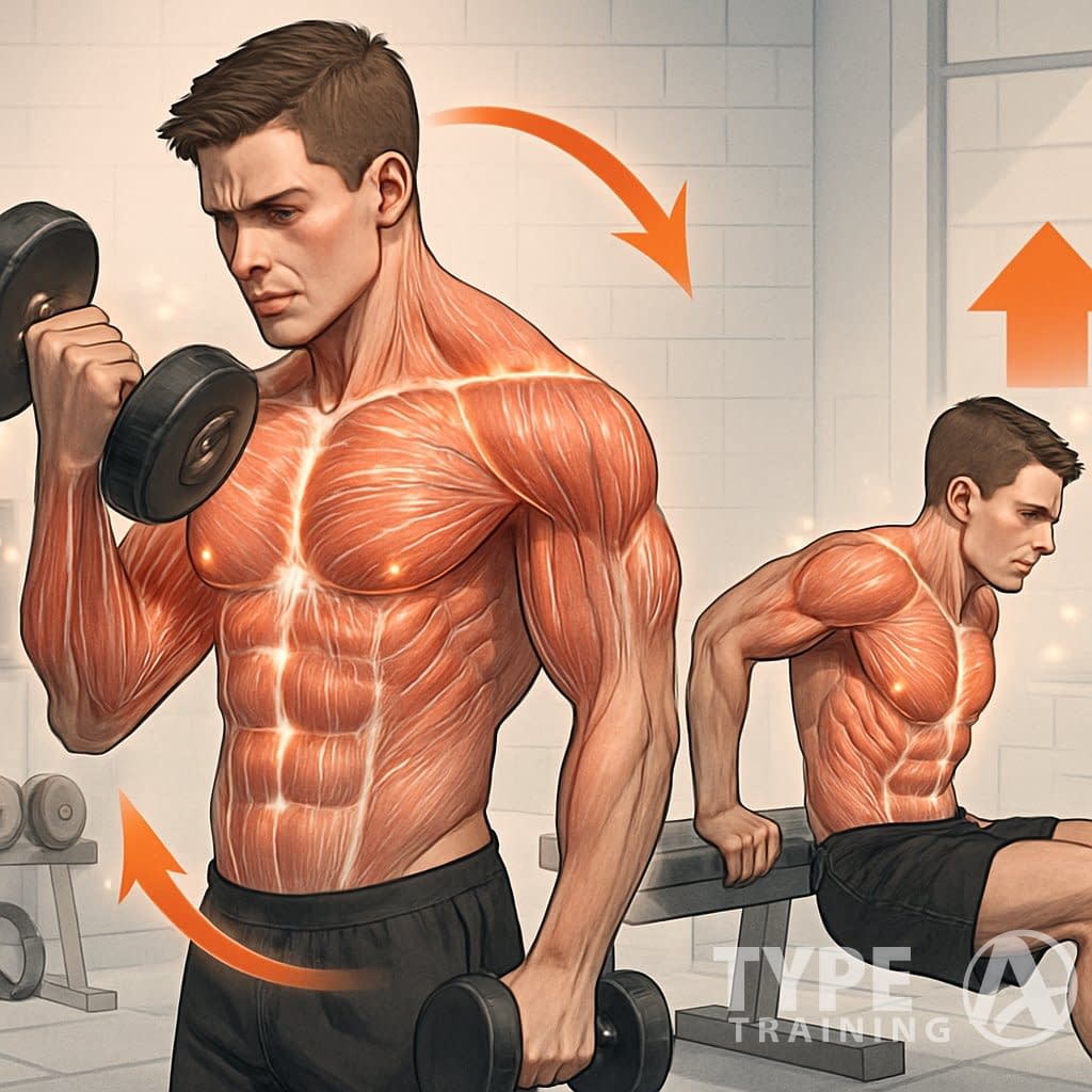 A muscular person performing two exercises back-to-back in a gym, showing visible muscle growth and strength.