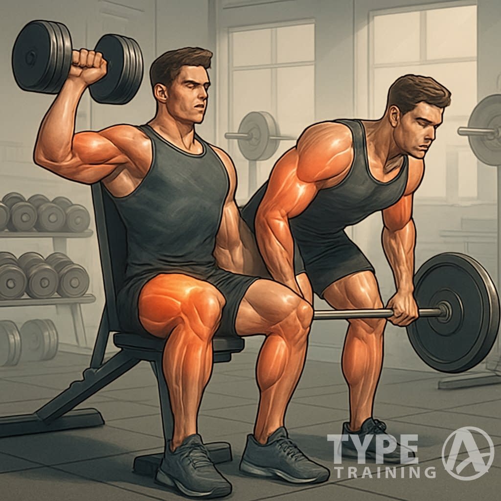 A muscular person performing two weightlifting exercises consecutively in a gym, highlighting muscle growth and strength.