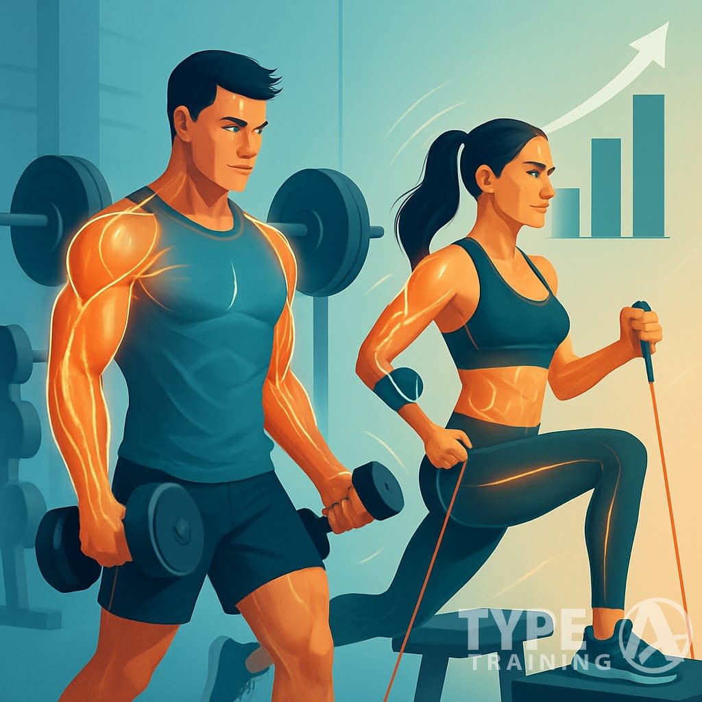 Two athletes performing supersets in a gym, showing muscle engagement and growth with visual effects and a background graph indicating muscle increase.