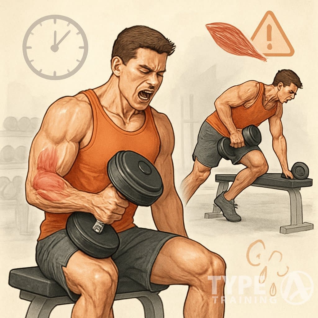 A muscular person performing two exercises back-to-back in a gym, showing muscle growth and signs of fatigue.