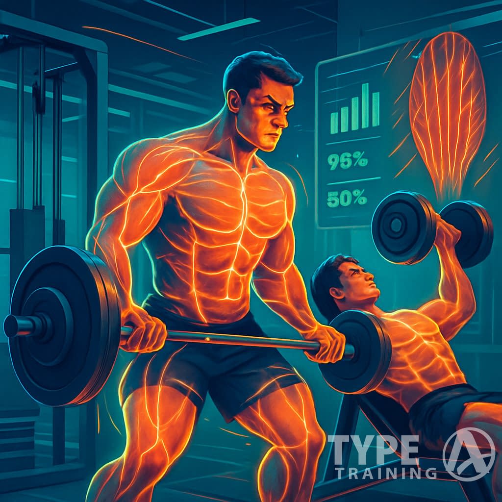 A muscular person performing two exercises back-to-back in a gym, with glowing muscles and futuristic equipment around them representing muscle growth and advanced training.