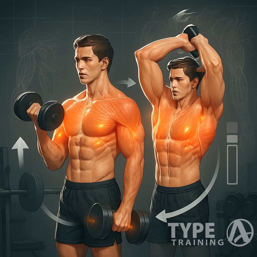 A person performing two different arm exercises back-to-back in a gym, with highlighted muscles showing growth and strength.