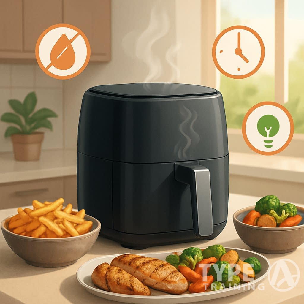 A modern kitchen countertop with an air fryer cooking healthy, crispy foods like fries, vegetables, and chicken, surrounded by icons representing health and efficiency benefits.