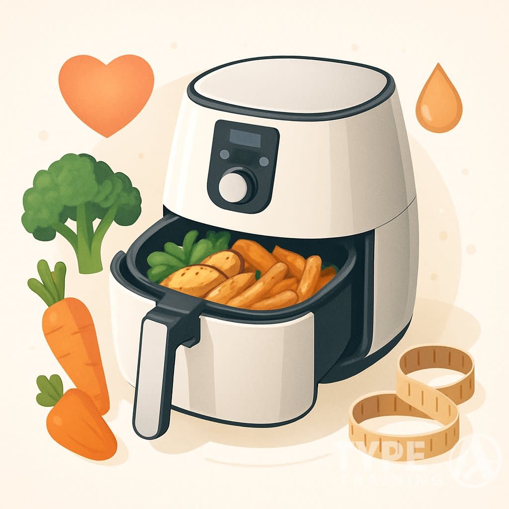 An air fryer with crispy vegetables and lean proteins inside, surrounded by fresh vegetables and icons representing heart health, reduced oil, and weight management.
