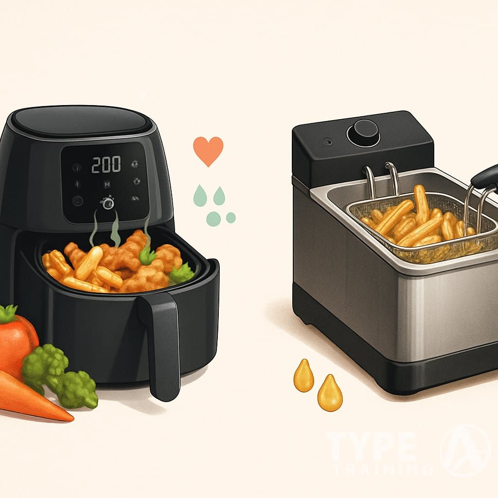Side-by-side illustration comparing an air fryer with fresh, crispy food and a deep fryer with oilier fried food, highlighting the healthier benefits of air frying.