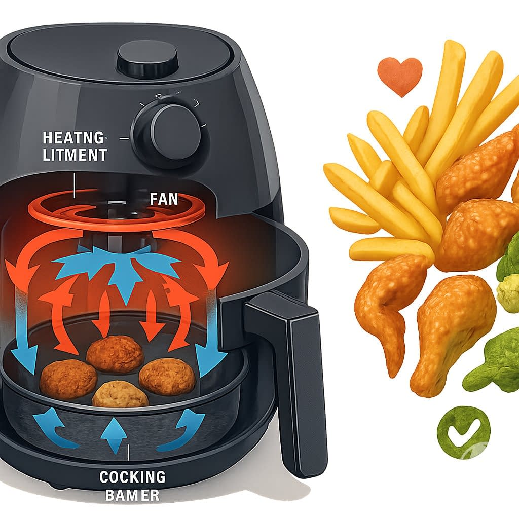Illustration showing the inside of an air fryer with hot air circulating around food, and crispy fried foods coming out, highlighting how the air fryer works and its benefits.