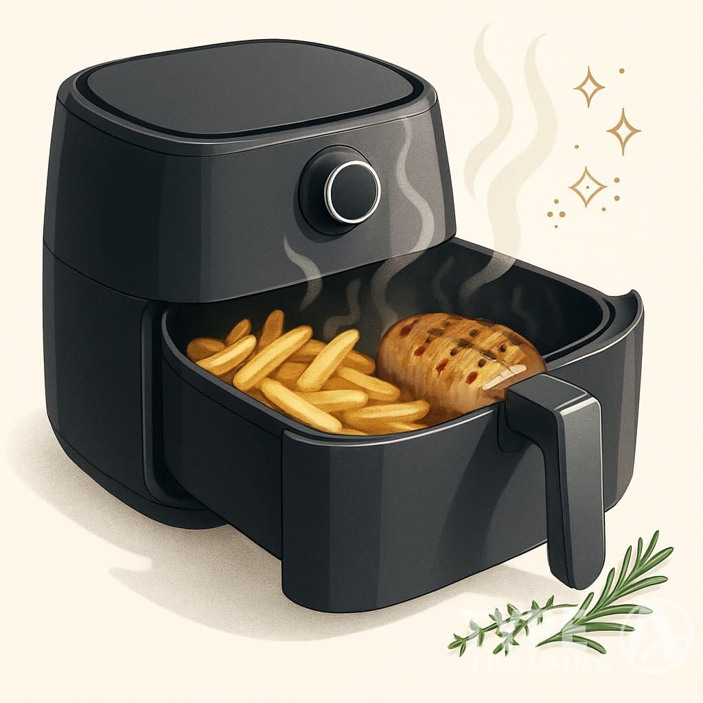 An open air fryer with crispy fries and grilled chicken inside, steam rising, surrounded by fresh herbs.
