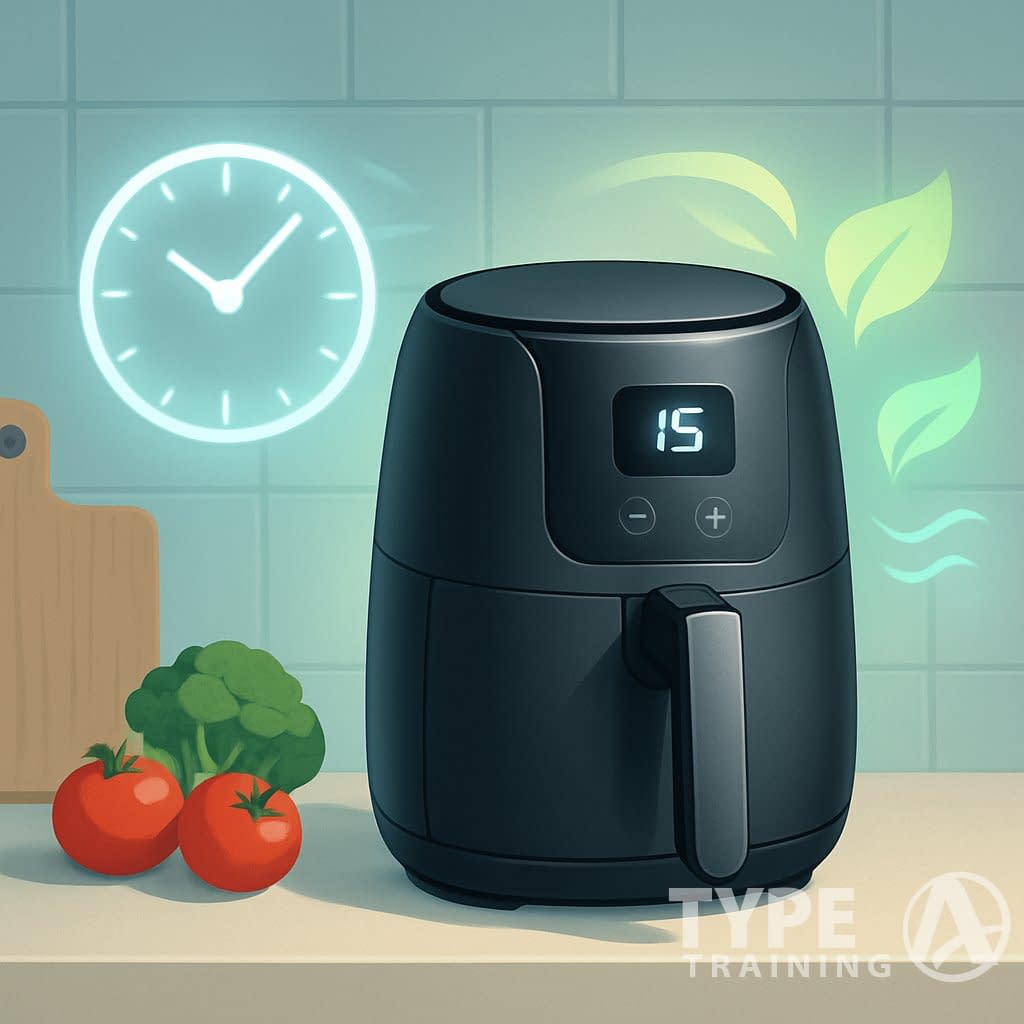 A modern kitchen countertop with an air fryer surrounded by symbols of fast cooking and energy savings, including a glowing clock and green energy waves.