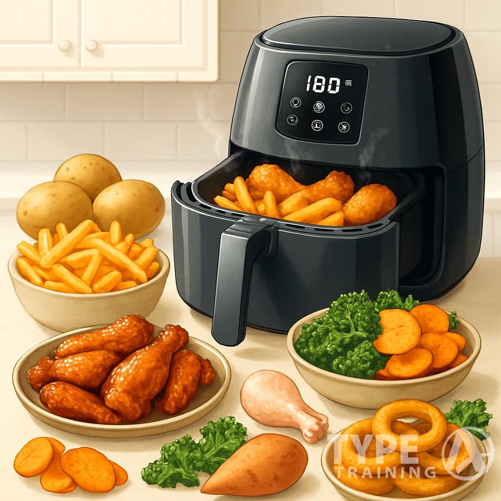 A kitchen countertop with an open air fryer surrounded by cooked French fries, chicken wings, vegetable chips, and onion rings, along with fresh ingredients nearby.