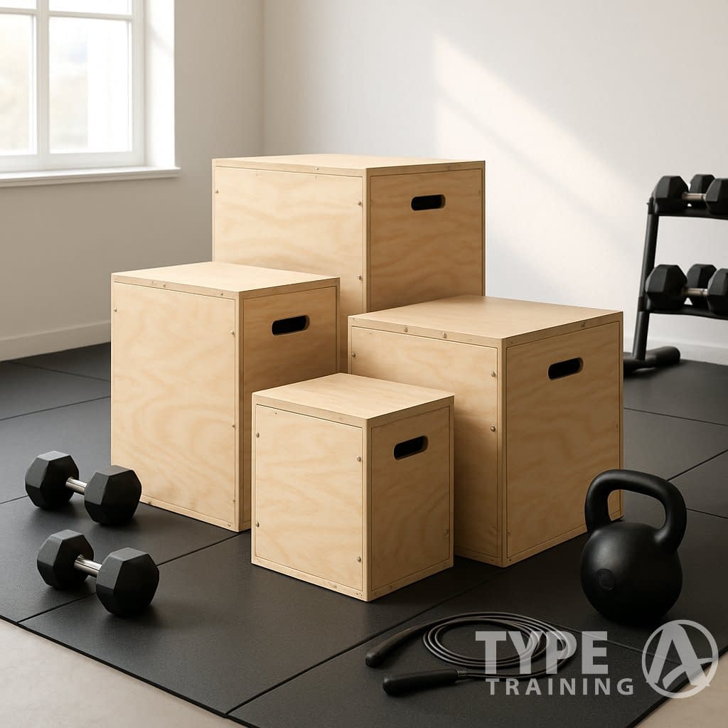 A home gym with three wooden plyo boxes of different sizes arranged on a rubber mat floor, surrounded by gym equipment like dumbbells and a kettlebell.