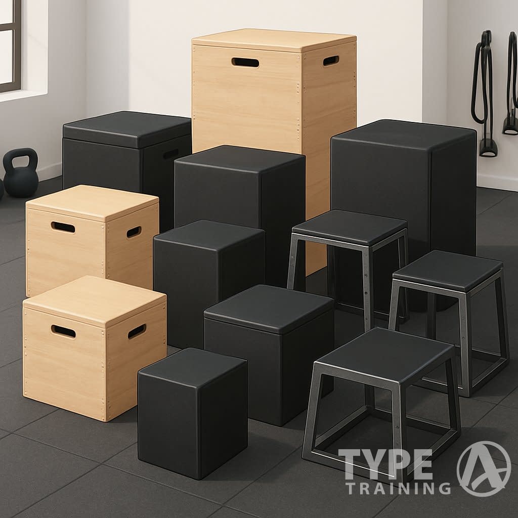 A home gym with ten different plyometric boxes of various sizes and materials arranged neatly on a rubber gym floor.