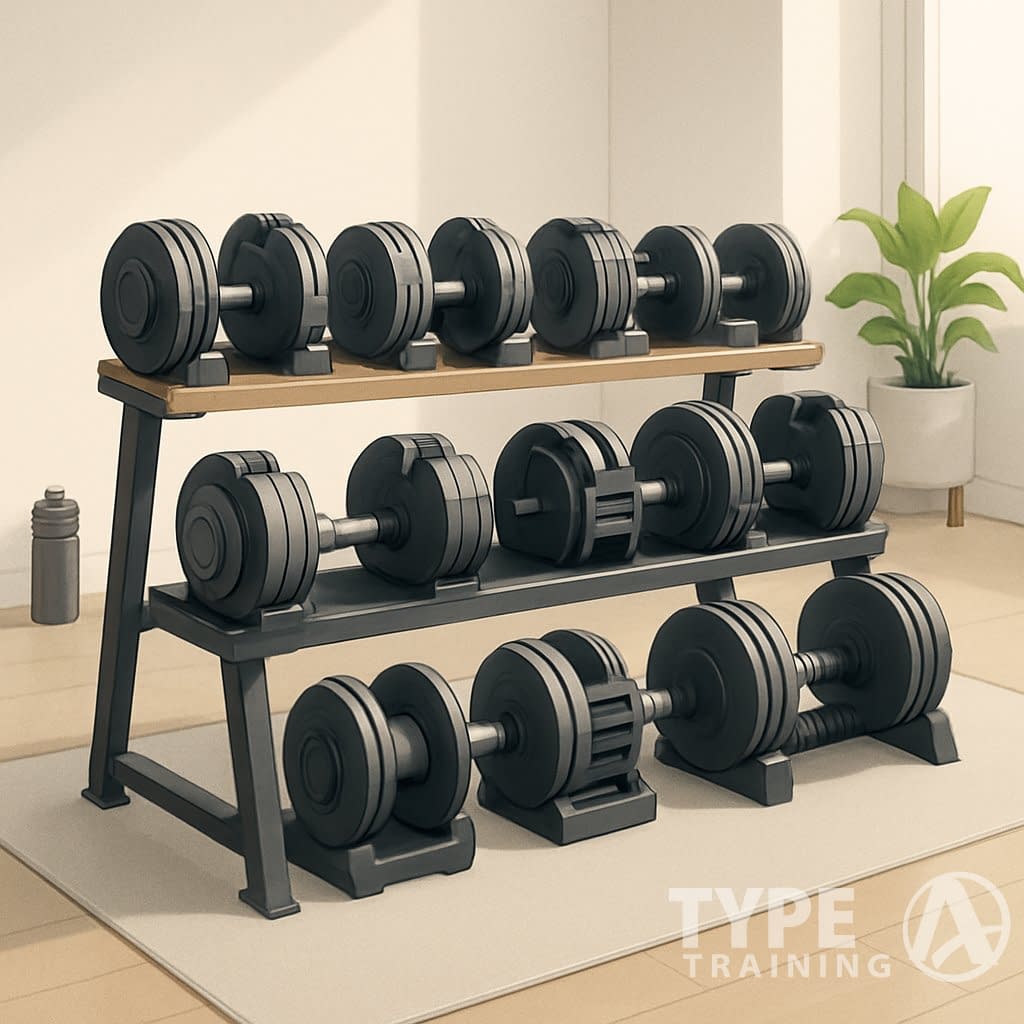 A home gym with a rack holding 10 adjustable dumbbells of different sizes and designs, placed on gym mats near a window with natural light.