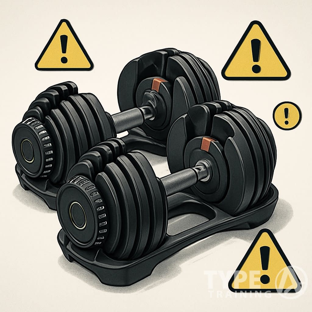 A pair of adjustable dumbbells with warning symbols around them indicating a recall.