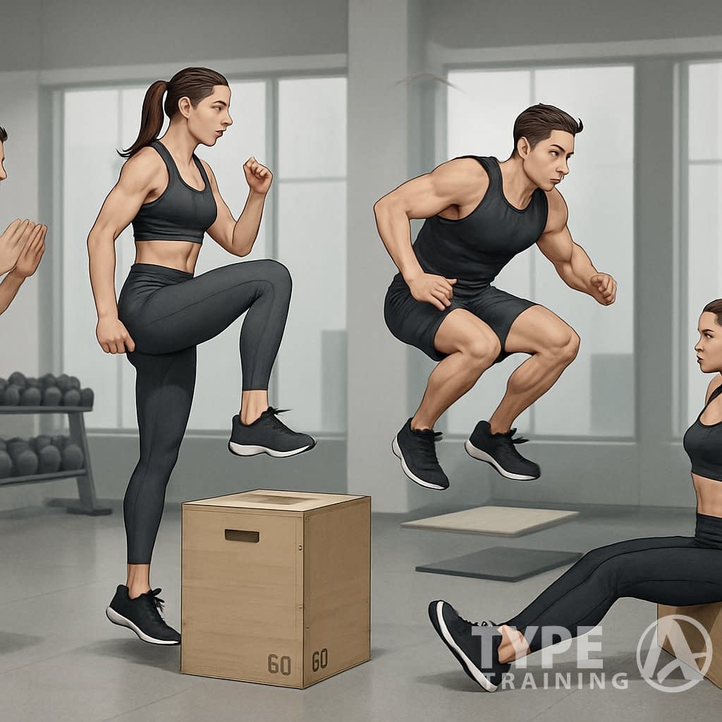 Two athletes performing different plyometric box exercises in a gym, including box jumps, step-ups, lateral jumps, and box dips, with gym equipment in the background.