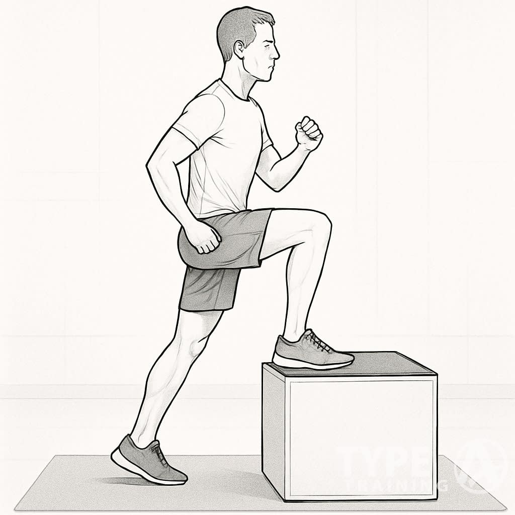 A person performing a front box step-up exercise on a plyometric box in a gym setting.