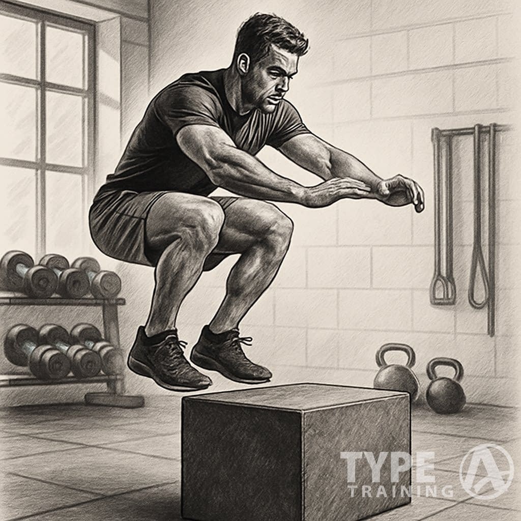 An athlete jumping onto a plyometric box in a gym, demonstrating a box jump exercise.