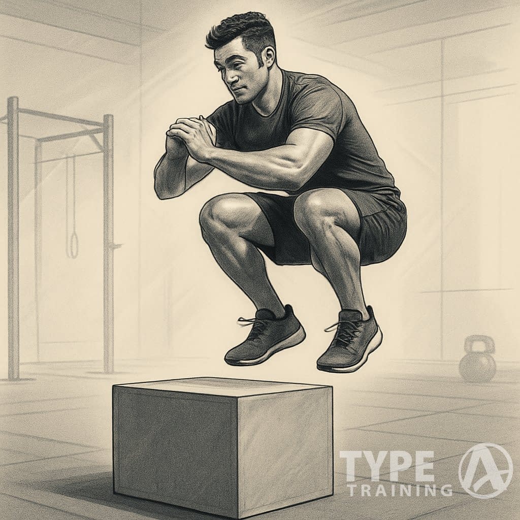 An athlete jumping over a plyometric box in a gym setting.