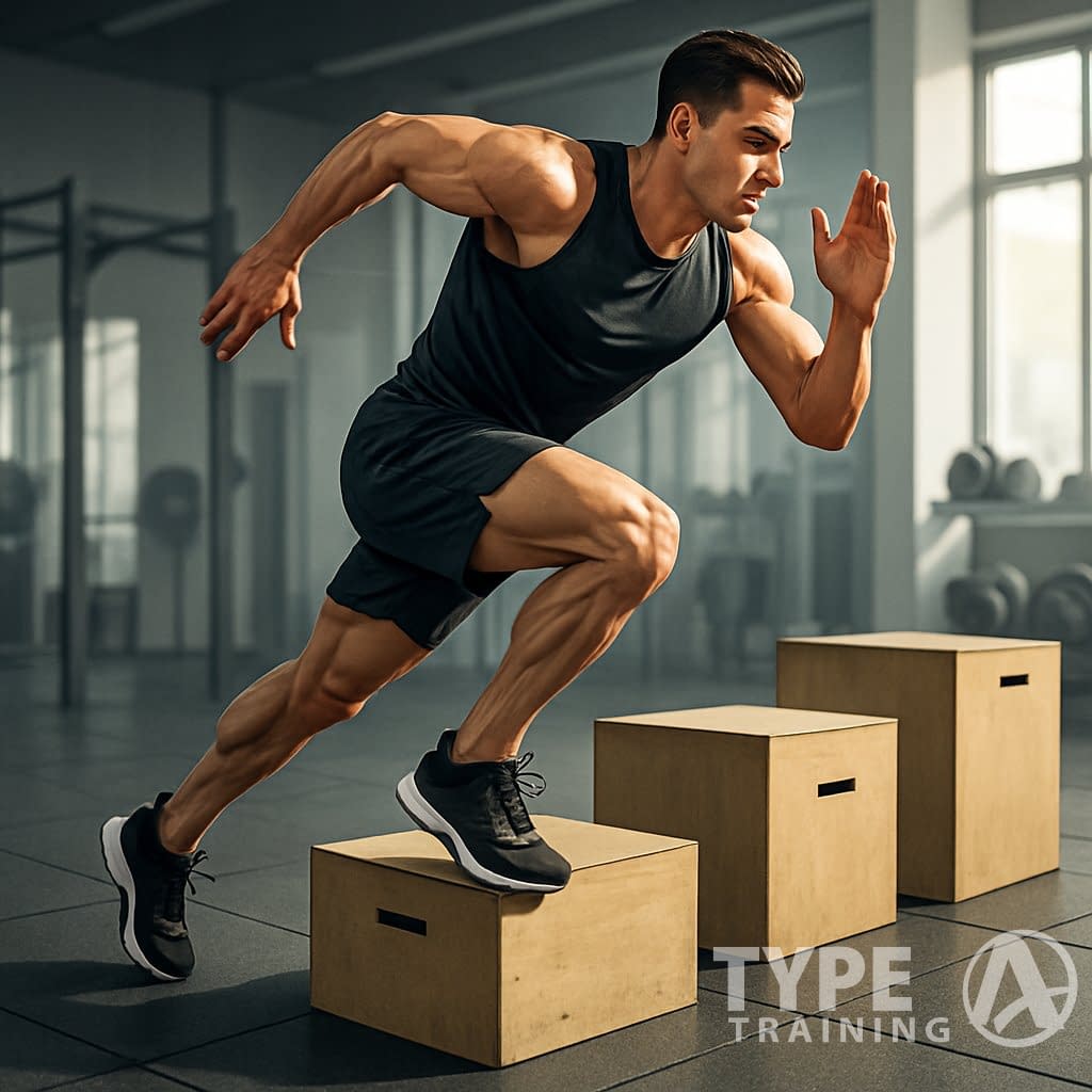 An athlete sprinting over plyometric boxes in a gym, demonstrating a box sprint exercise.