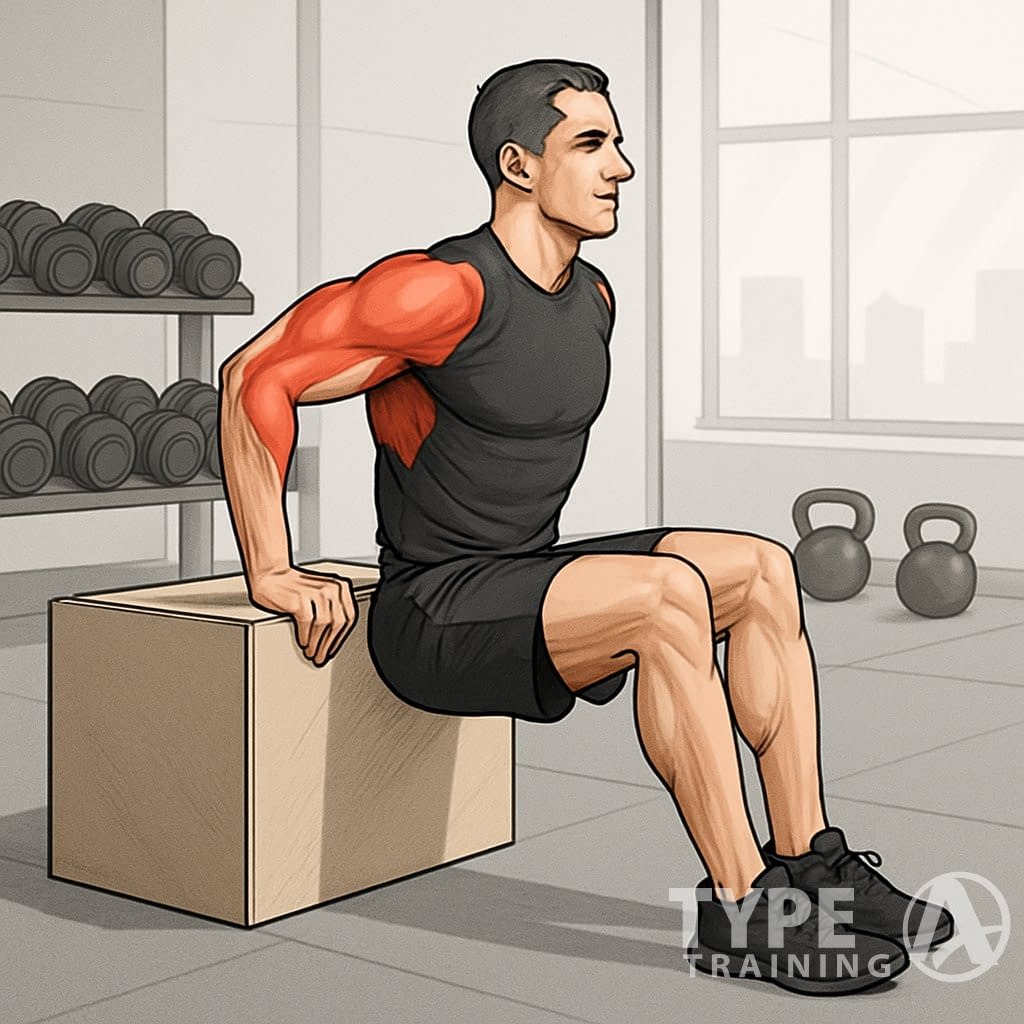 A person performing a box dip exercise on a plyometric box in a gym.