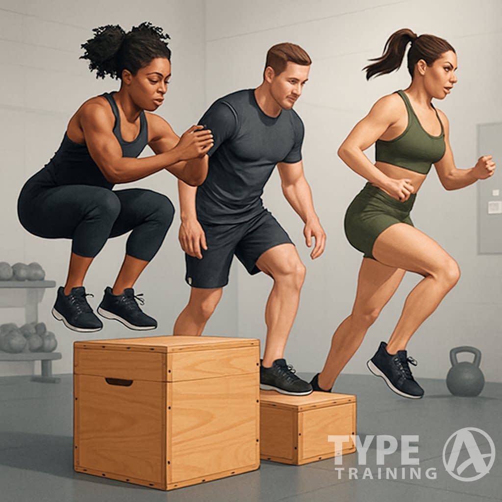 Three athletes performing different plyo box exercises in a gym, including jumping onto, stepping down from, and lateral jumping beside a wooden plyo box.
