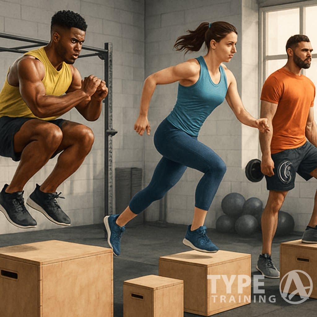 Three athletes performing different plyometric box exercises in a gym with various fitness equipment.