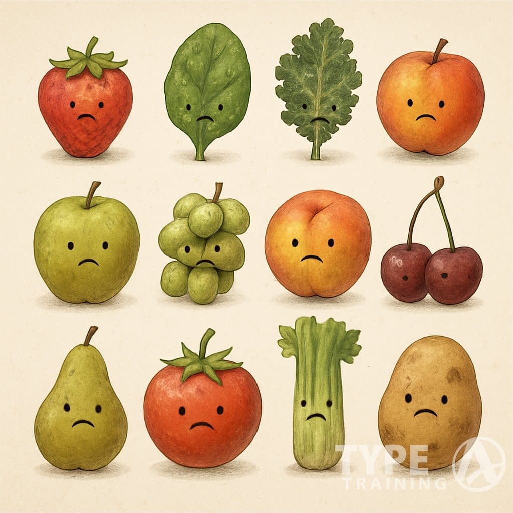 Twelve different fruits and vegetables arranged together, each showing slight signs of dirt or contamination.