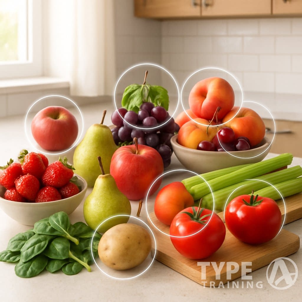 A clean kitchen counter with various fresh fruits and vegetables, twelve of which are subtly highlighted to indicate their significance.