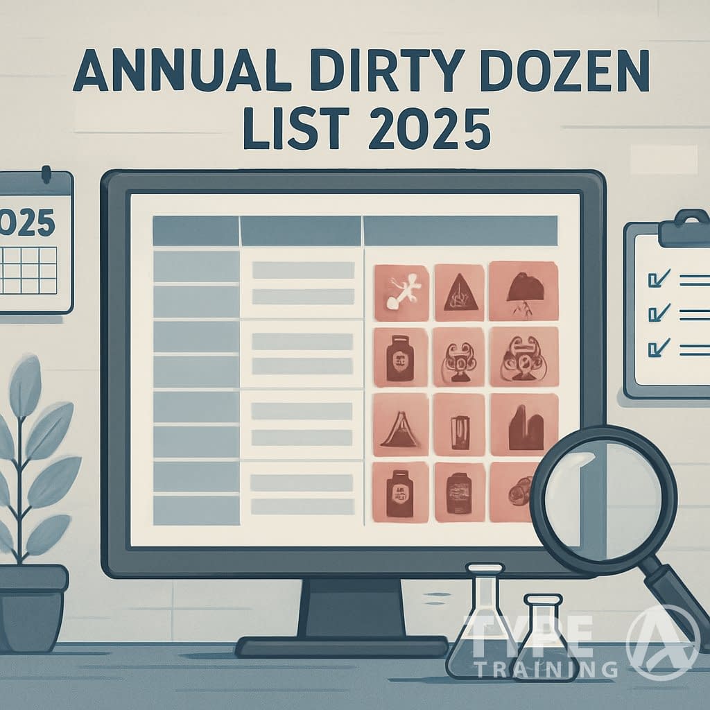 An office scene with a large digital screen showing twelve highlighted sections representing a list, surrounded by scientific tools and a calendar displaying 2025.