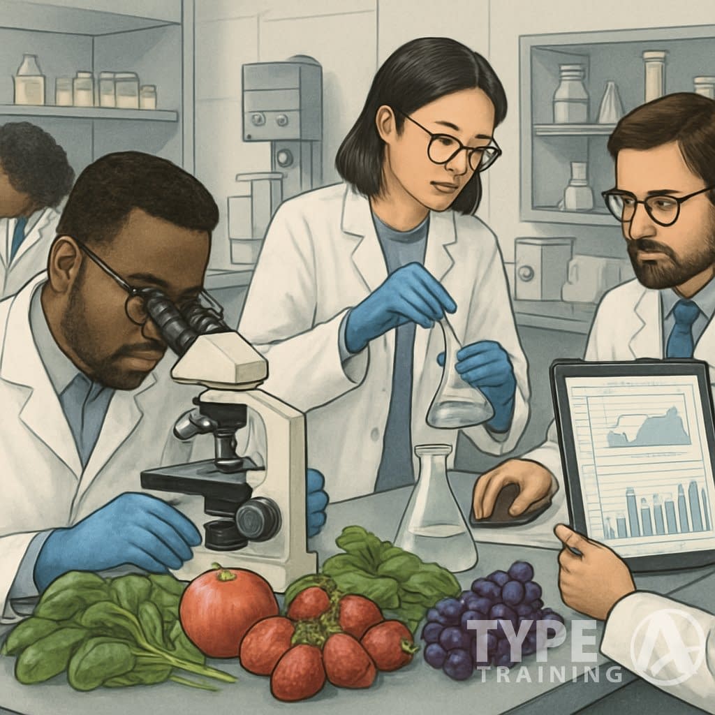 Scientists in a laboratory examining fruits and vegetables with microscopes and computers to analyze pesticide residues.