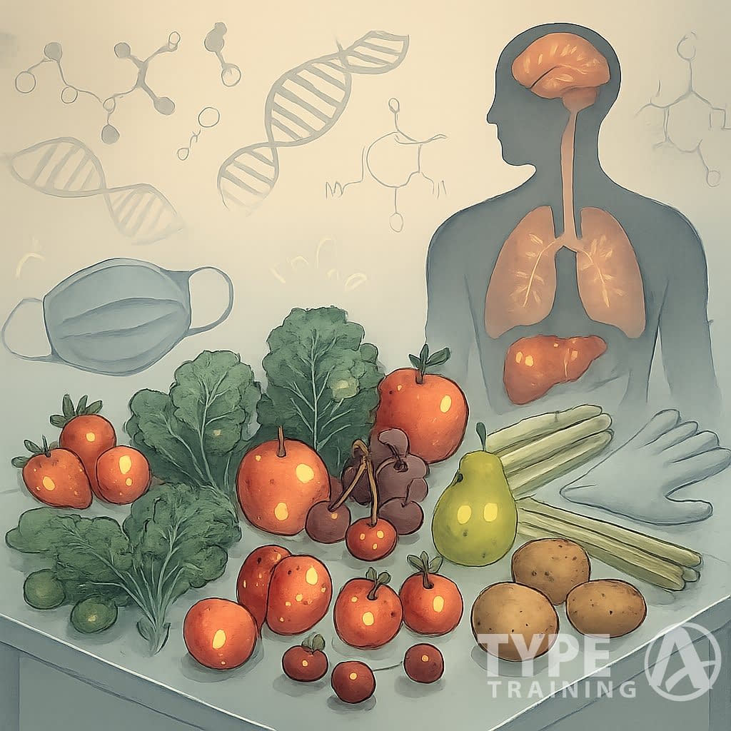 A scientific illustration showing various fruits and vegetables known for pesticide residues on a table, with a human figure highlighting affected organs and symbols representing chemical exposure.