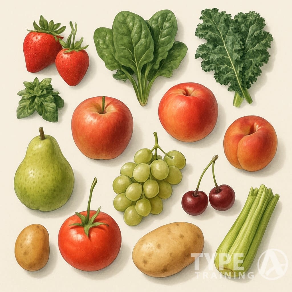 A collection of twelve different fruits and vegetables arranged together, including strawberries, spinach, kale, nectarines, apples, grapes, peaches, cherries, pears, tomatoes, celery, and potatoes.