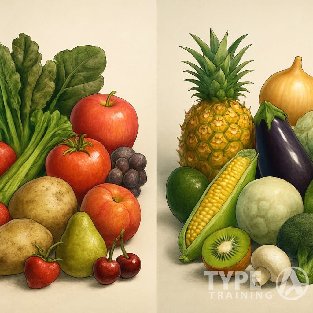 Two groups of fruits and vegetables side by side, one group appearing slightly dirty and dull, the other fresh and shiny, illustrating a comparison between higher and lower pesticide residue produce.