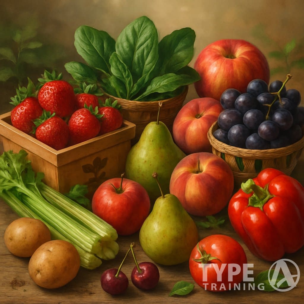 A collection of fresh fruits and vegetables including apples, strawberries, spinach, nectarines, grapes, peaches, cherries, pears, tomatoes, celery, potatoes, and bell peppers arranged on a wooden surface with natural lighting.