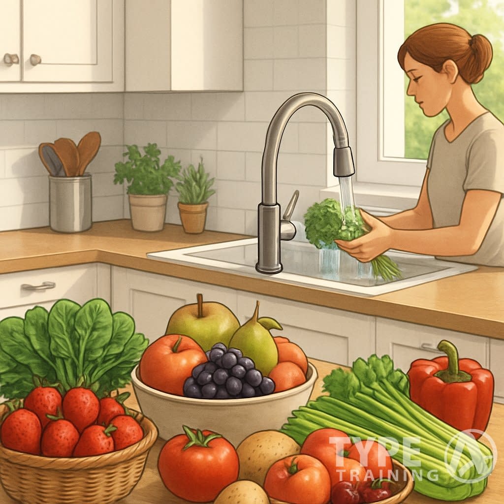A kitchen scene showing fresh fruits and vegetables on a table with a person washing produce at the sink.