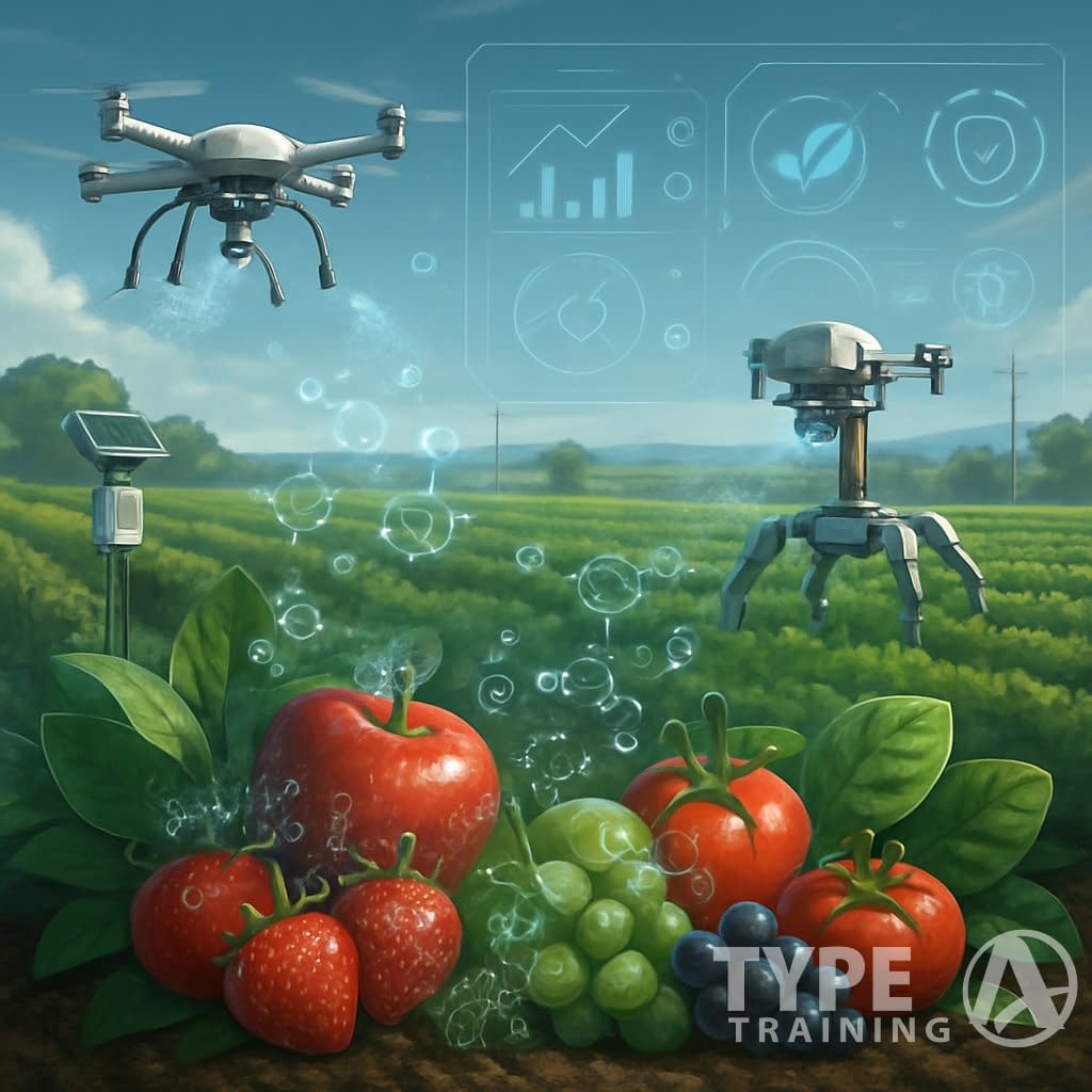 A futuristic farm scene showing advanced technology like drones and robots tending to crops, with various fruits and vegetables highlighted to indicate pesticide presence, surrounded by healthy plants and digital data overlays.