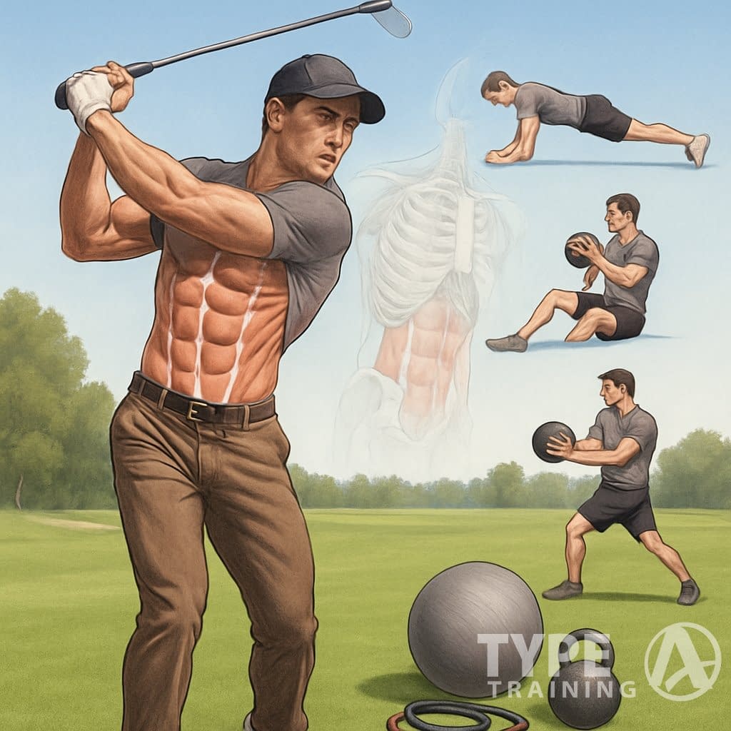 A golfer swinging on a golf course with visible core muscles and an overlay showing core muscles, alongside a person performing core exercises with gym equipment.