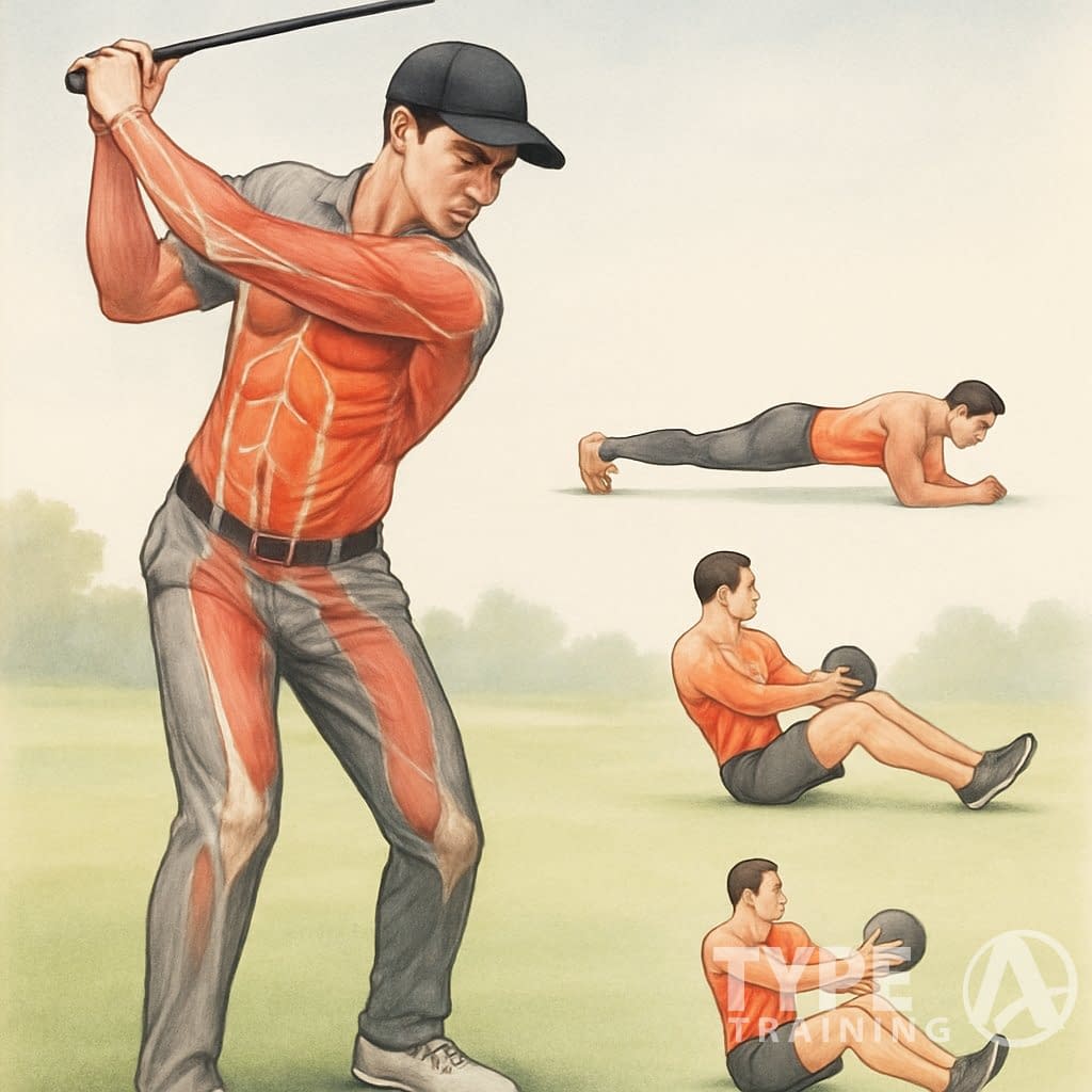 Illustration of a golfer mid-swing with core muscles highlighted and smaller images showing key core exercises for golf.